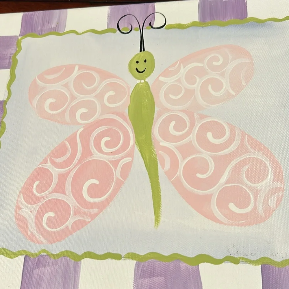 Doodlebuggs Stretch Butterfly Canvas Painted Pink Green Purple Kids Room 11x14